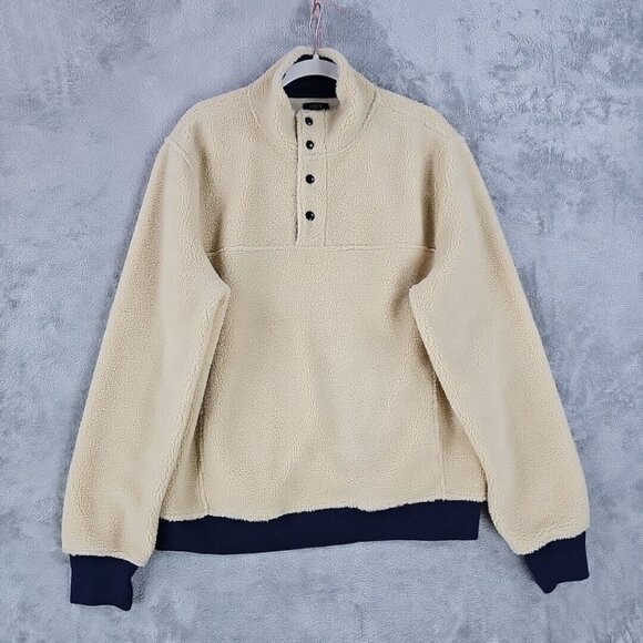 J. Crew Authentic Fleece Jacket Mens Size M Beige/Navy Sherpa 1/4 Snap NWT